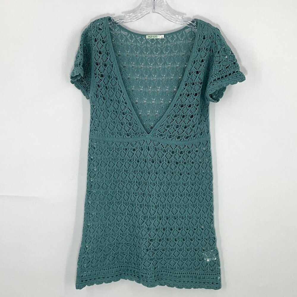 Old Navy Dress Women L Teal Openwork Crochet Knit Babydoll V-Neck Beach Festival